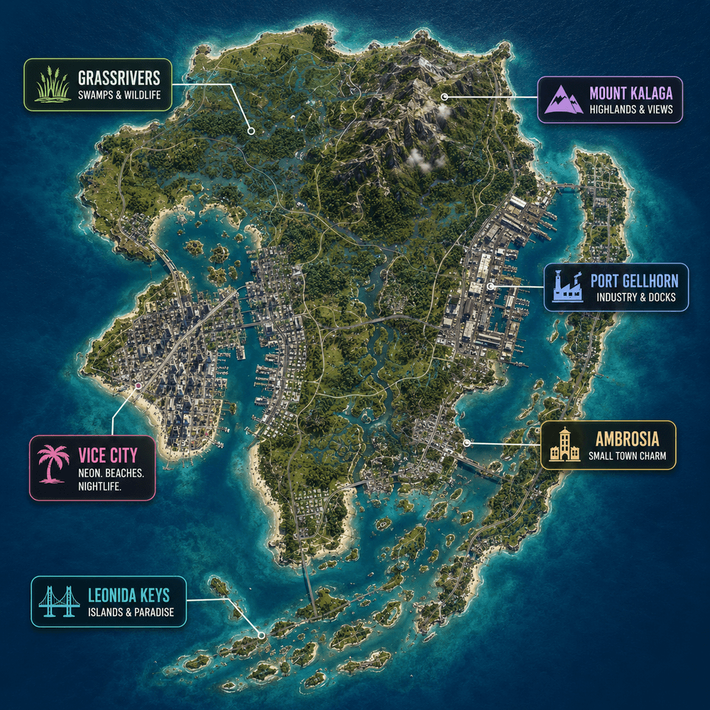 GTA 6 map of Leonida: Vice City, Port Gellhorn, Mount Kalaga, Grassrivers, Ambrosia and Leonida Keys